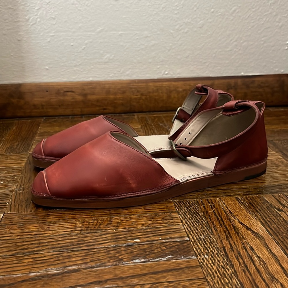Roolee Red Leather Ankle Strap Closed Toe Flats, Women’s Size 37